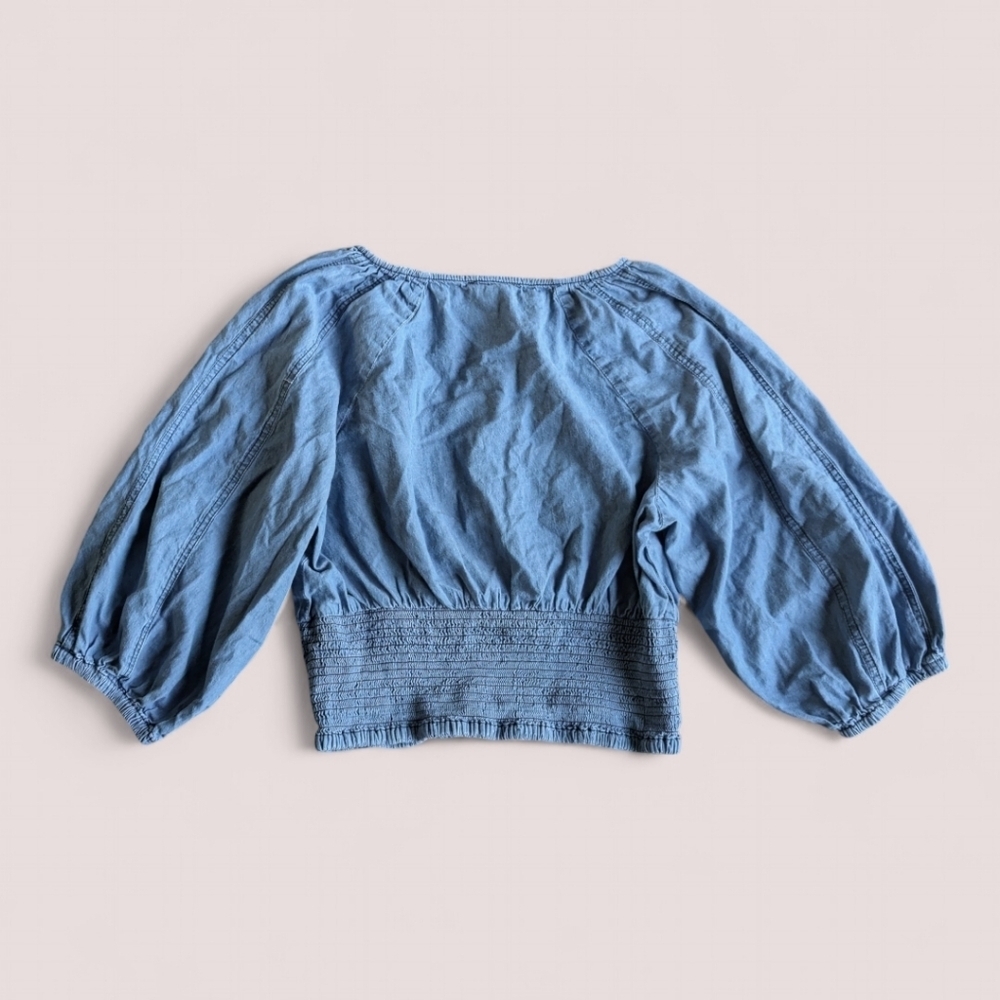 Denim 70's Balloon Sleeve Seamed Cropped Smocked Summer Boho Top 2X‎ Girl Soul - Picture 2 of 8